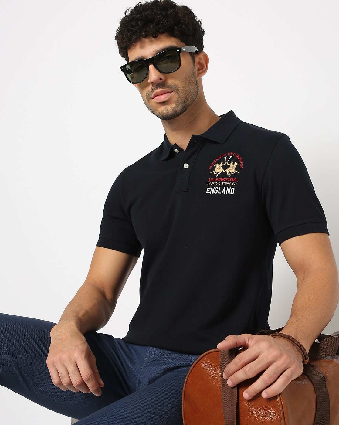 Cotton Slim Fit Solid Navy Polo with Back Flag Embroidery