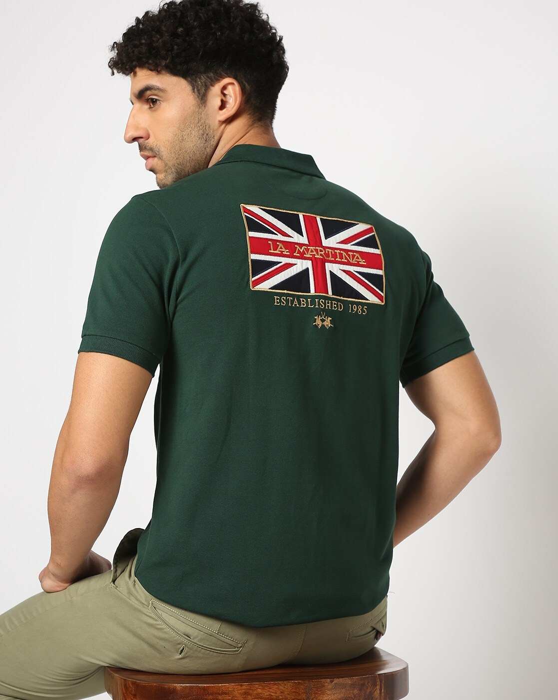 Cotton Slim Fit Solid Green Polo with Back Flag Embroidery