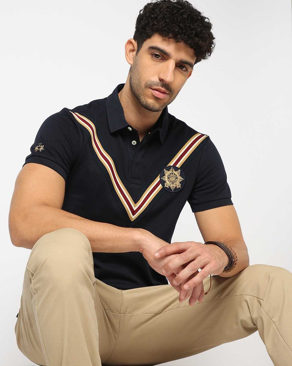 Cotton Slim Fit Solid Chevron Navy Polo