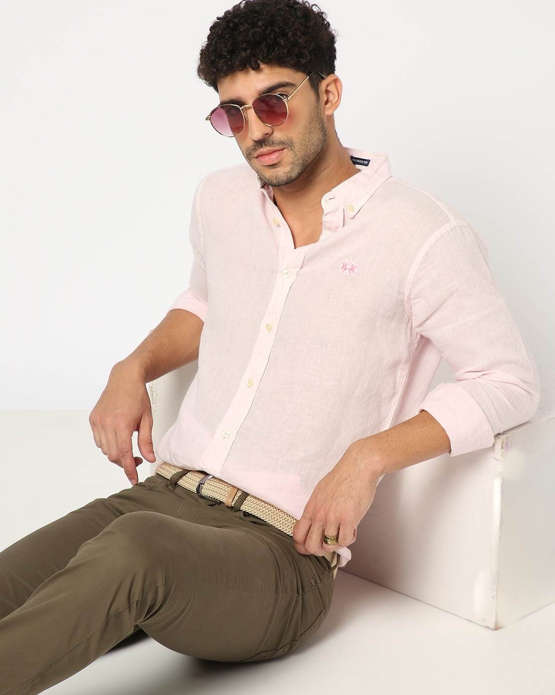Tailored Fit Solid Linen Purple Shirt