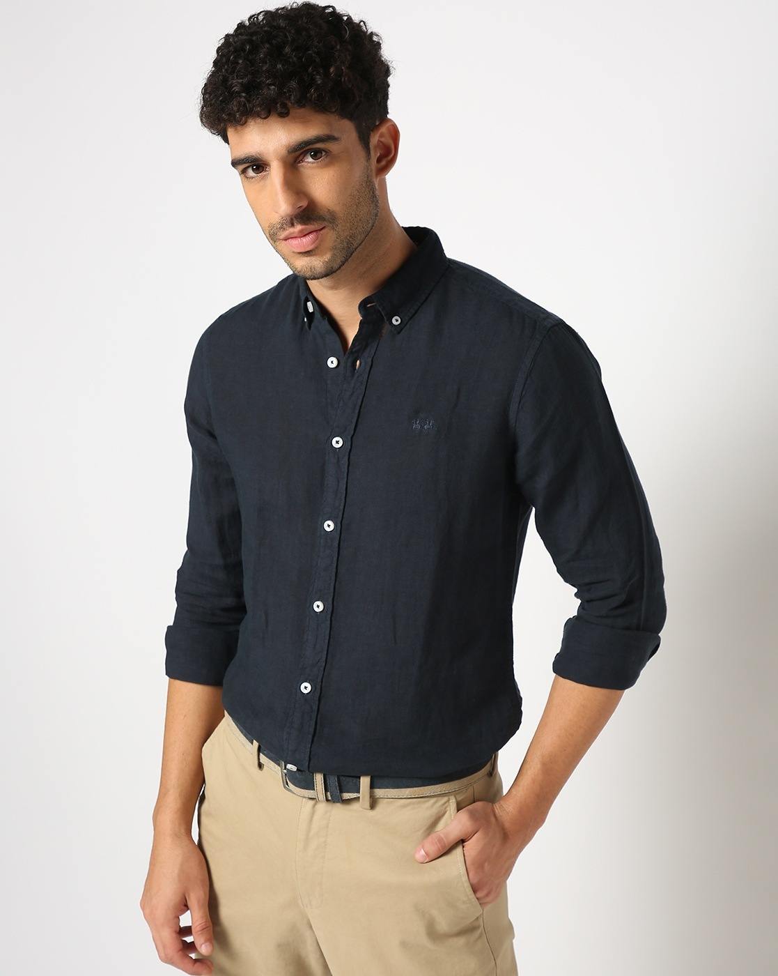 Tailored Fit Solid Linen Blue Shirt