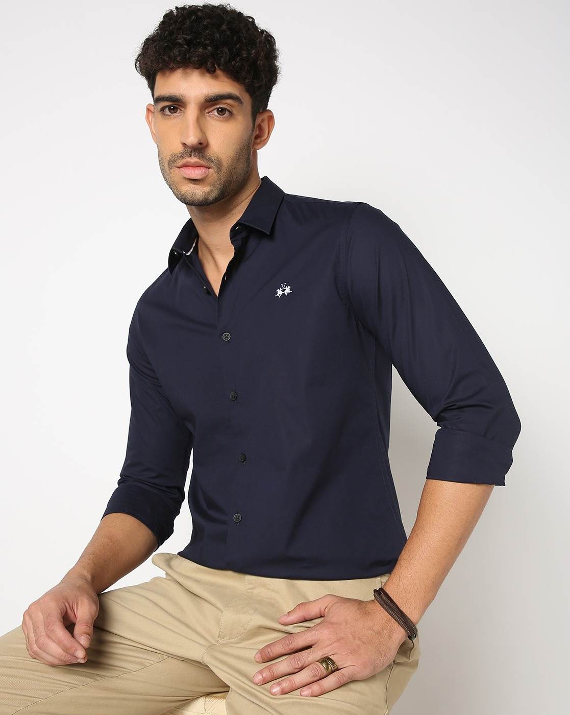 Cotton Stretch Contrast Logo Easy to Iron Slim Fit Solid Blue Shirt