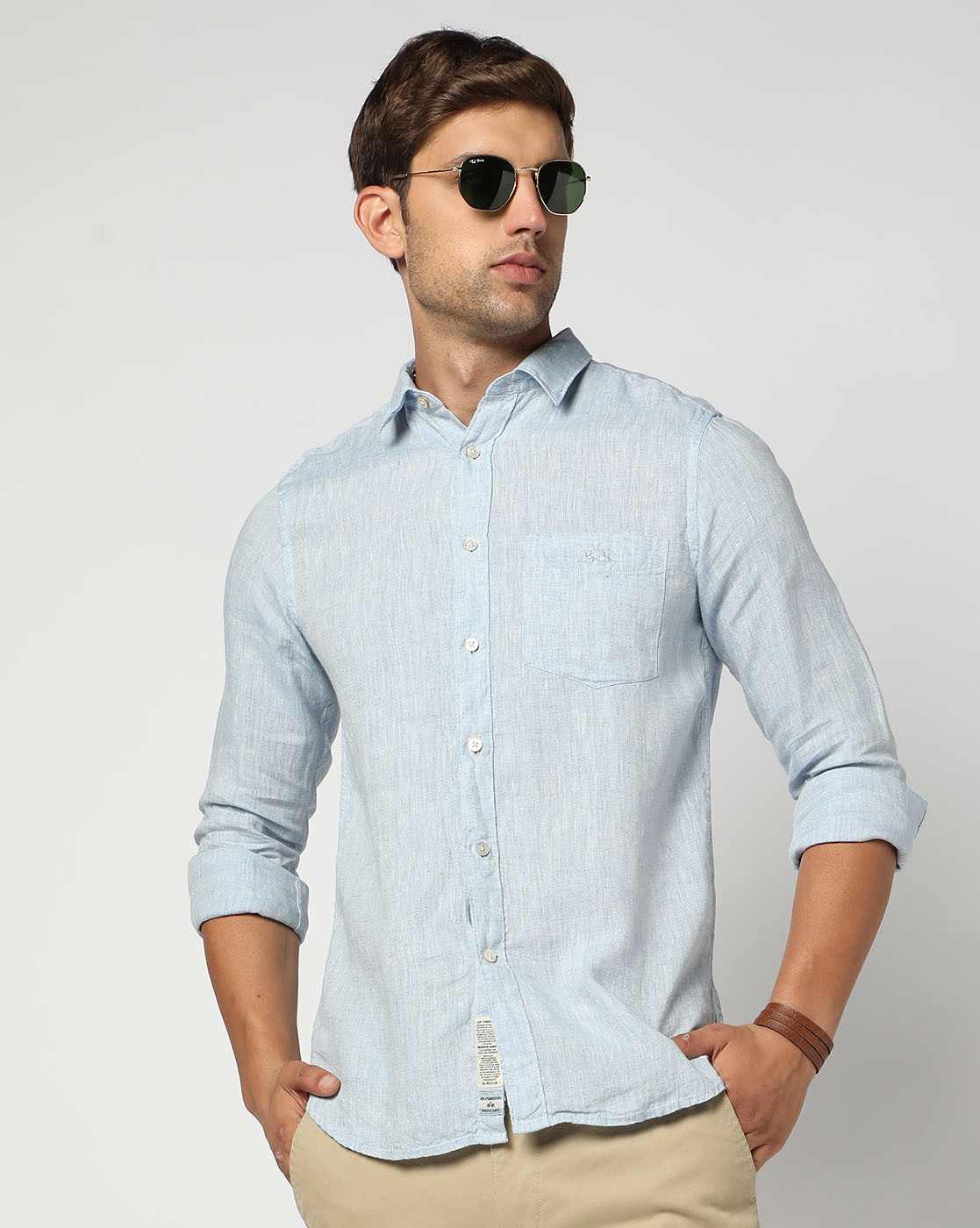 Irish Linen Tailored Fit Solid Blue Shirt