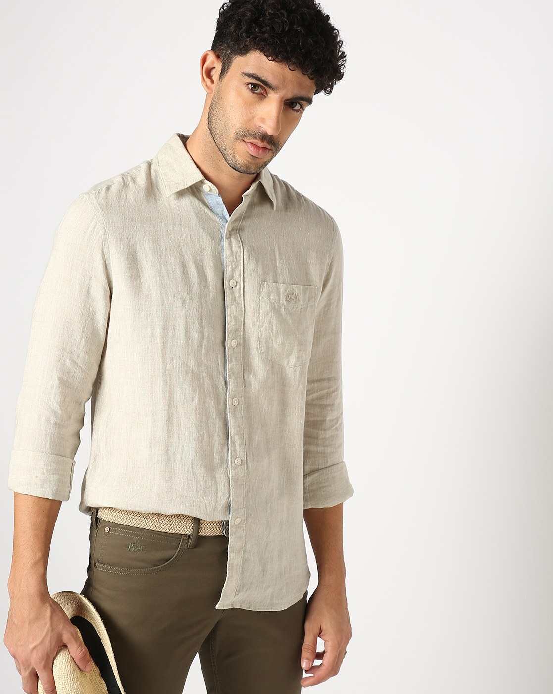 Irish Linen Tailored Fit Solid Beige Shirt