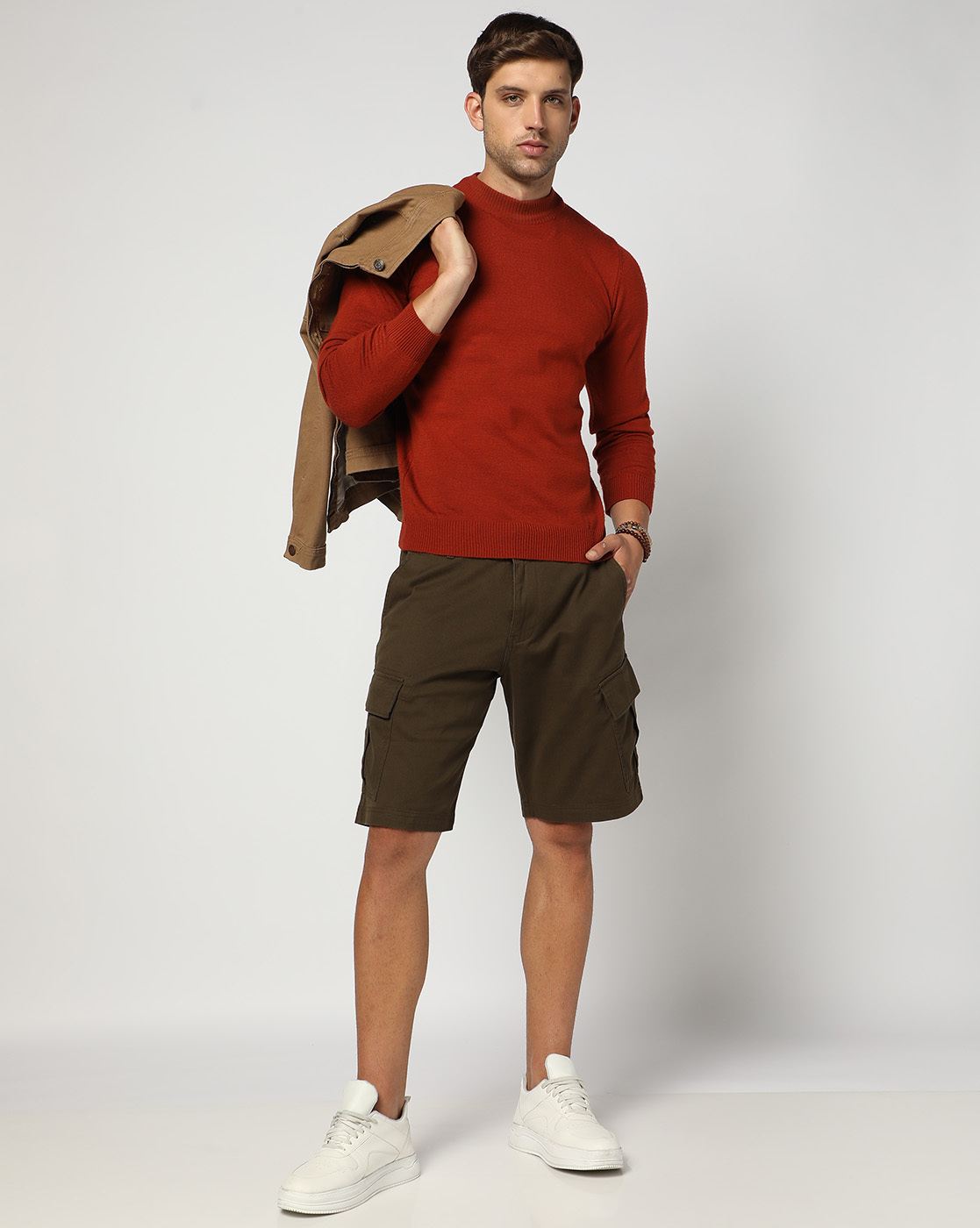 Cotton Stretch Regular Fit Khaki Cargo Shorts
