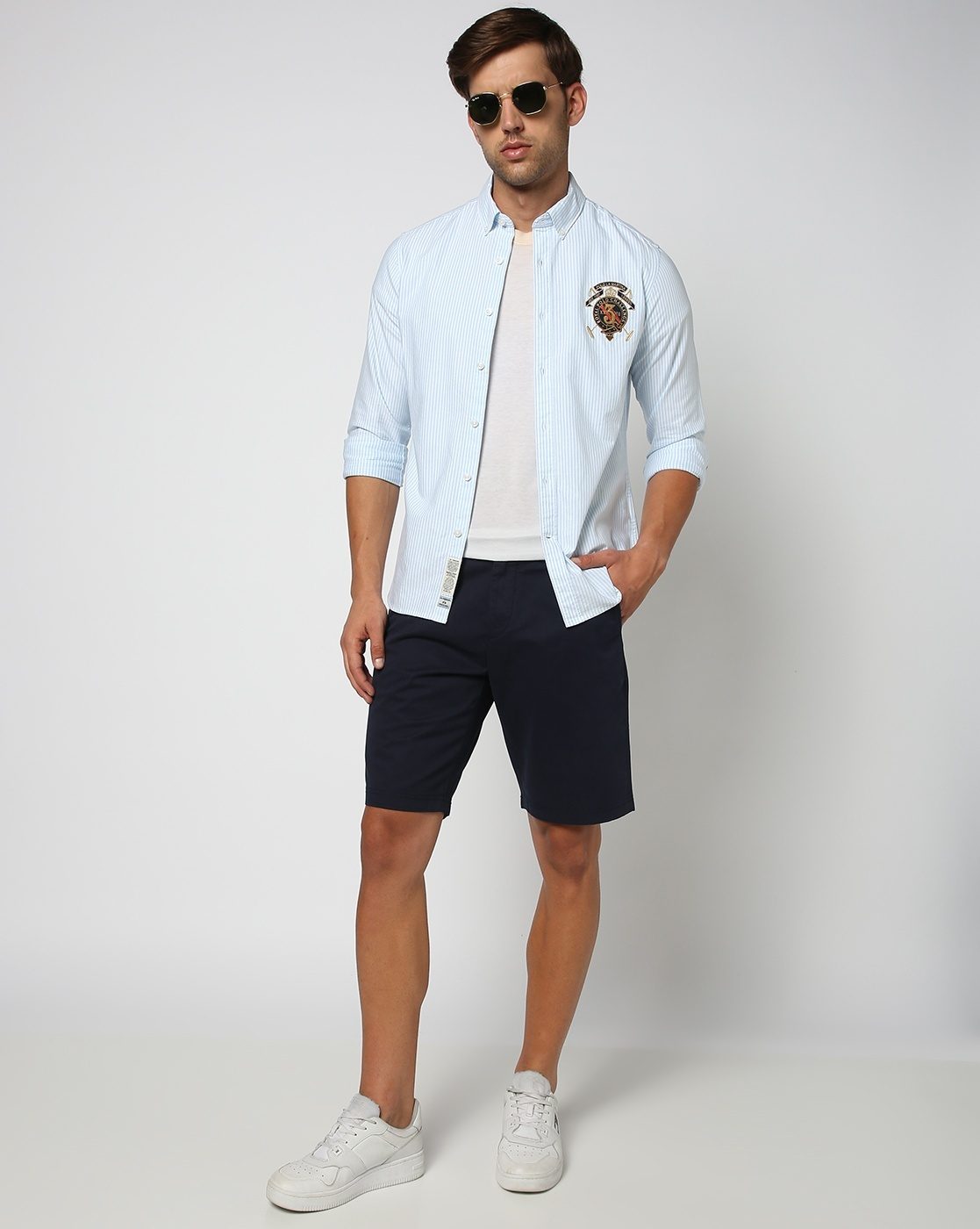 Cotton Stretch Solid Slim Fit Tropical Printed Inner Waist Band Navy Shorts