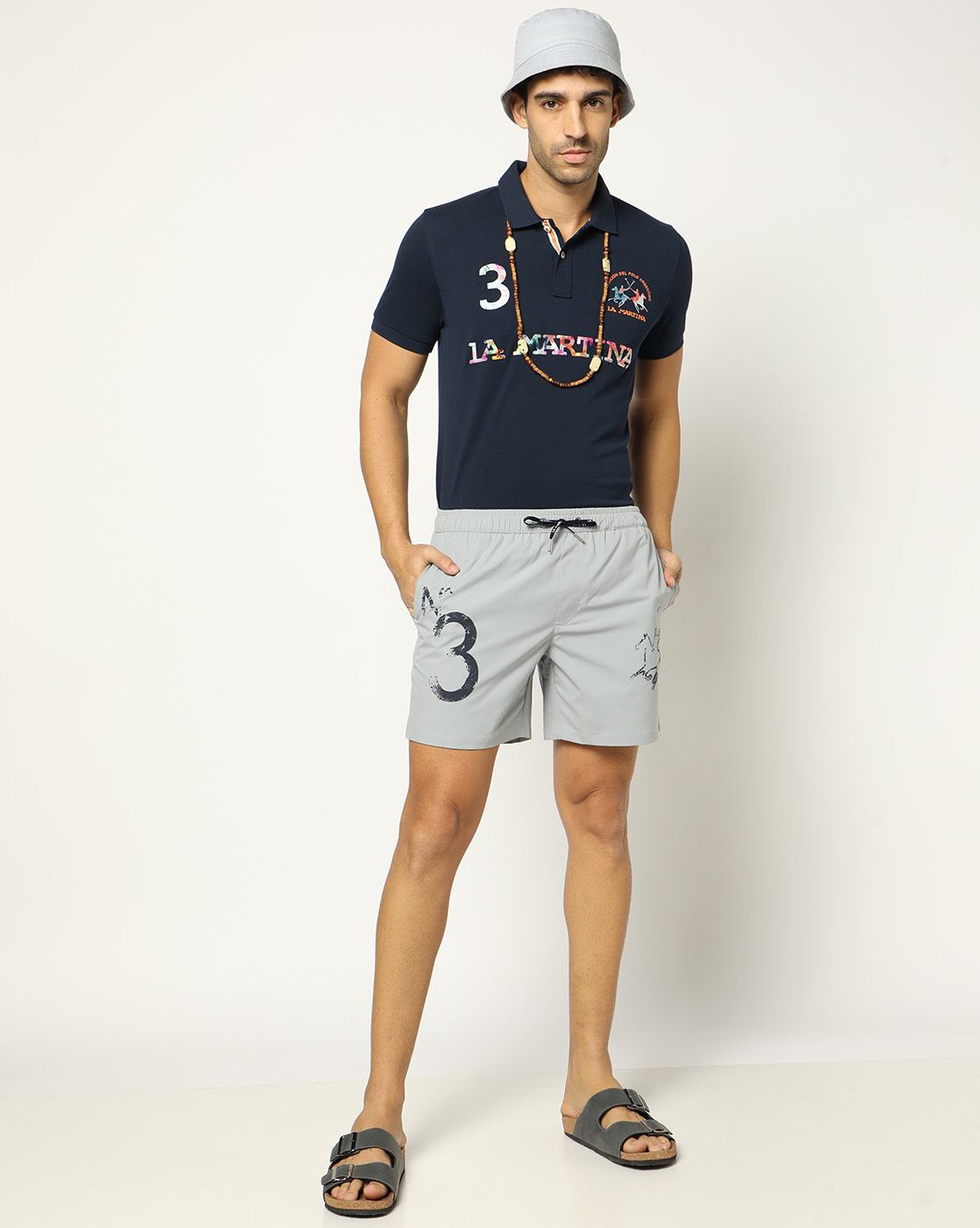 Contrast Embroidered Regular Fit Swim Grey Shorts