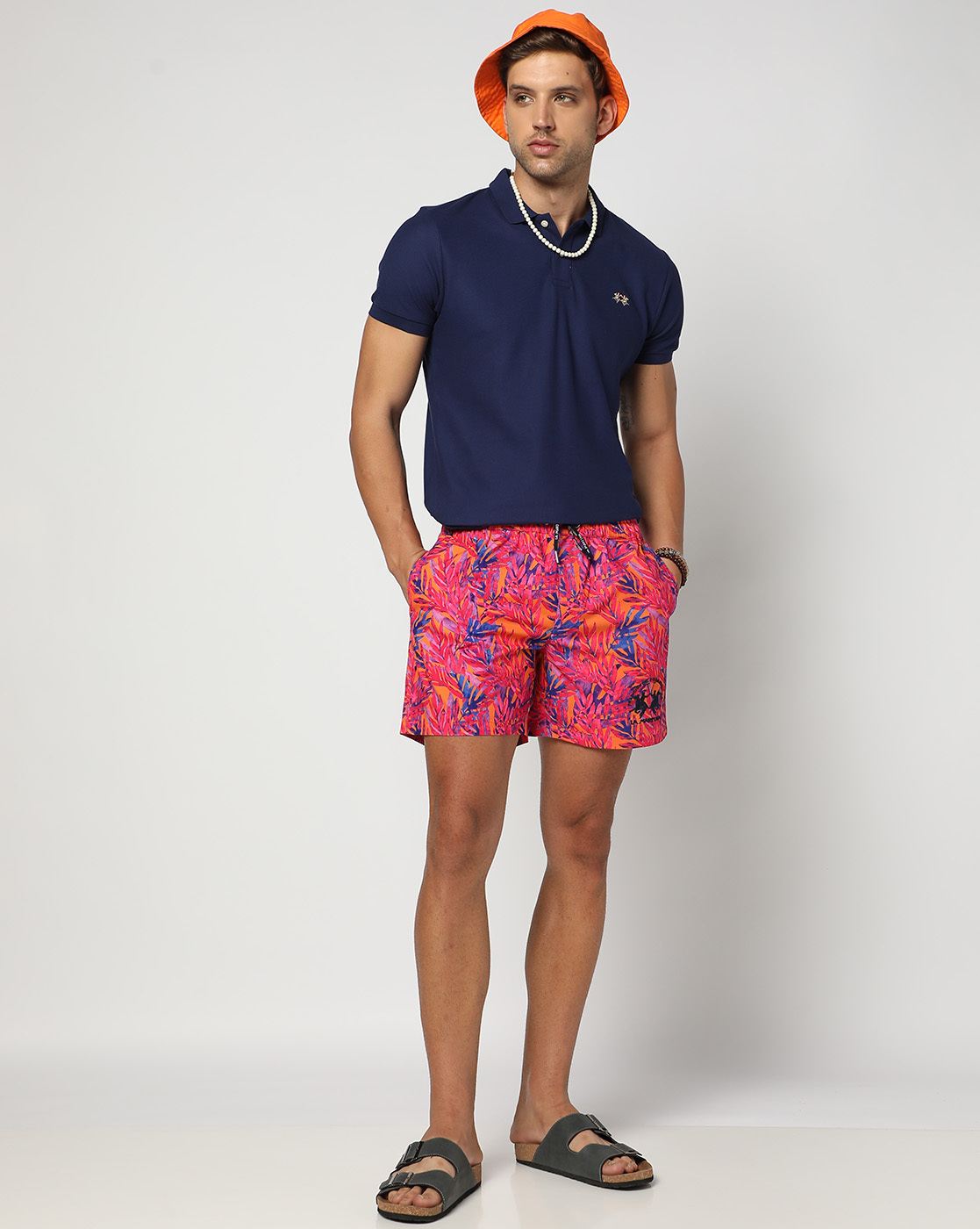 Contrast Embroidered Regular Fit Pink Swim Shorts