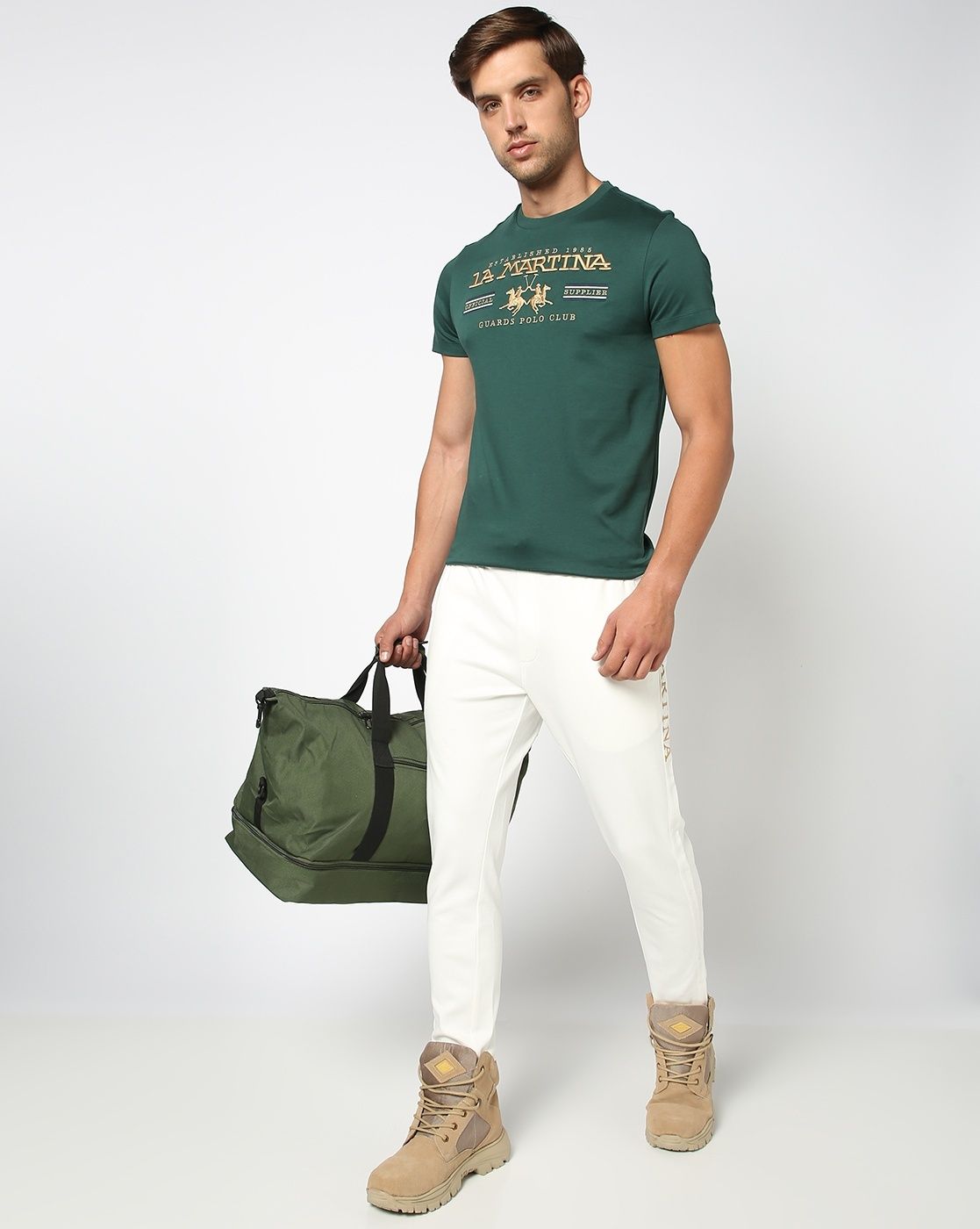 Cotton Blend Regular Fit Side Panel Gold Embroidered Cream Track Pant