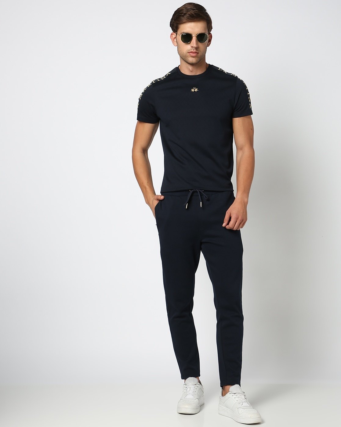 Cotton Blend Regular Fit Side Panel Gold Embroidered Blue Track Pant