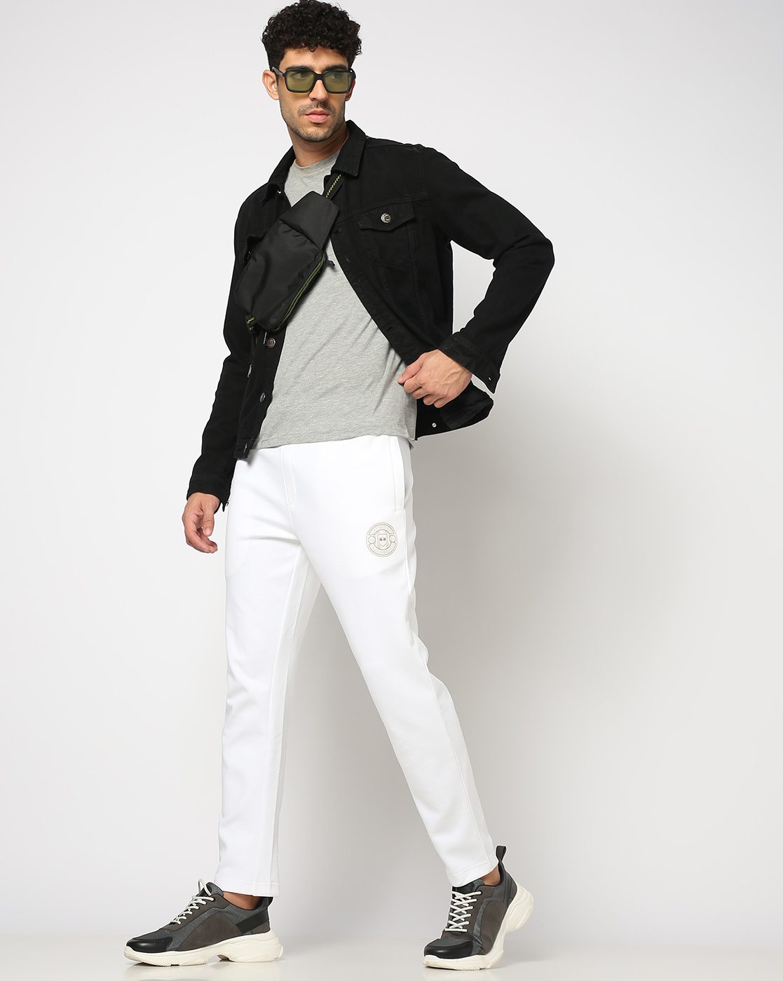 Cotton Blend Textured Reflective Print Regular Fit Interlock White Track Pant