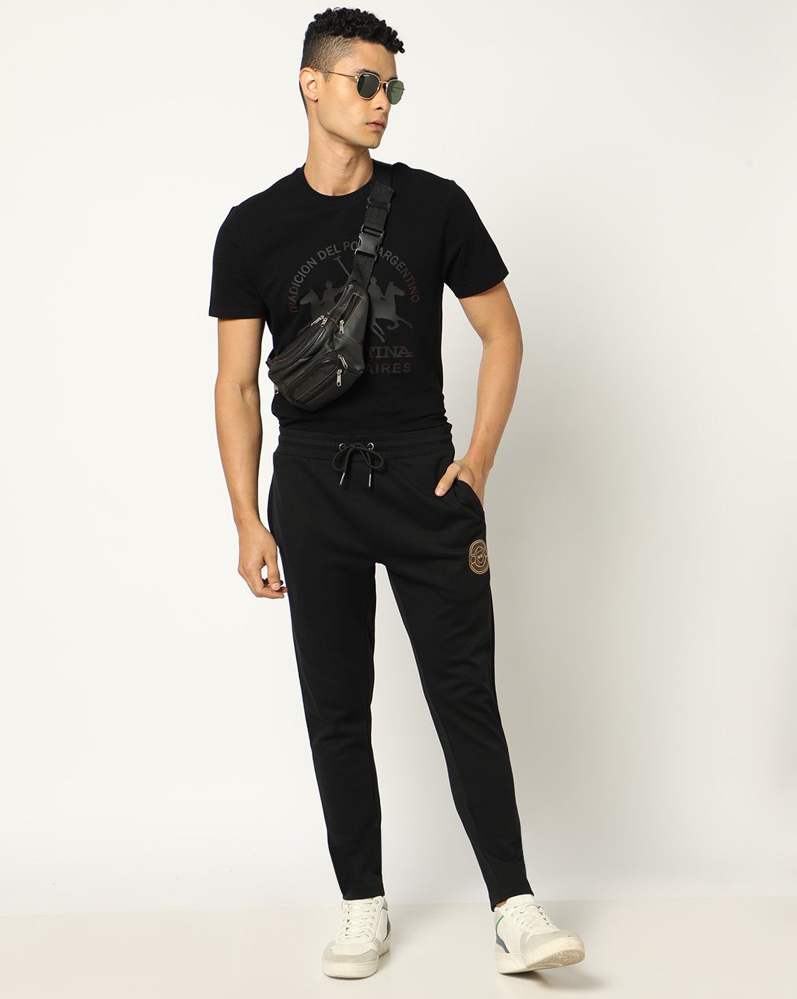 Cotton Blend Textured Reflective Print Regular Fit Interlock Black Track Pant