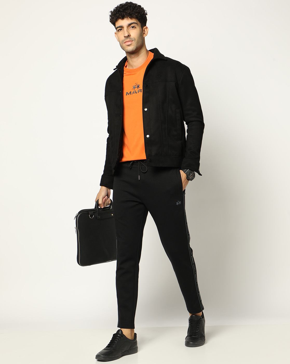 Cotton Blend Regular Fit Solid Black Knit Pant With Branded Tape On Side Seam