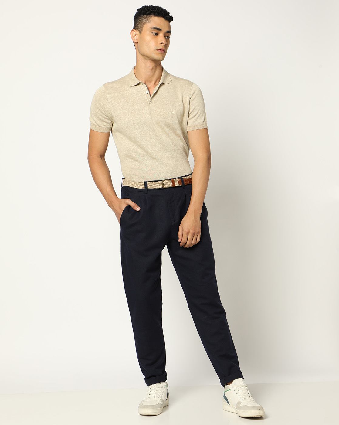 Cotton Linen Pleated Front Slim Fit Navy Solid Trouser