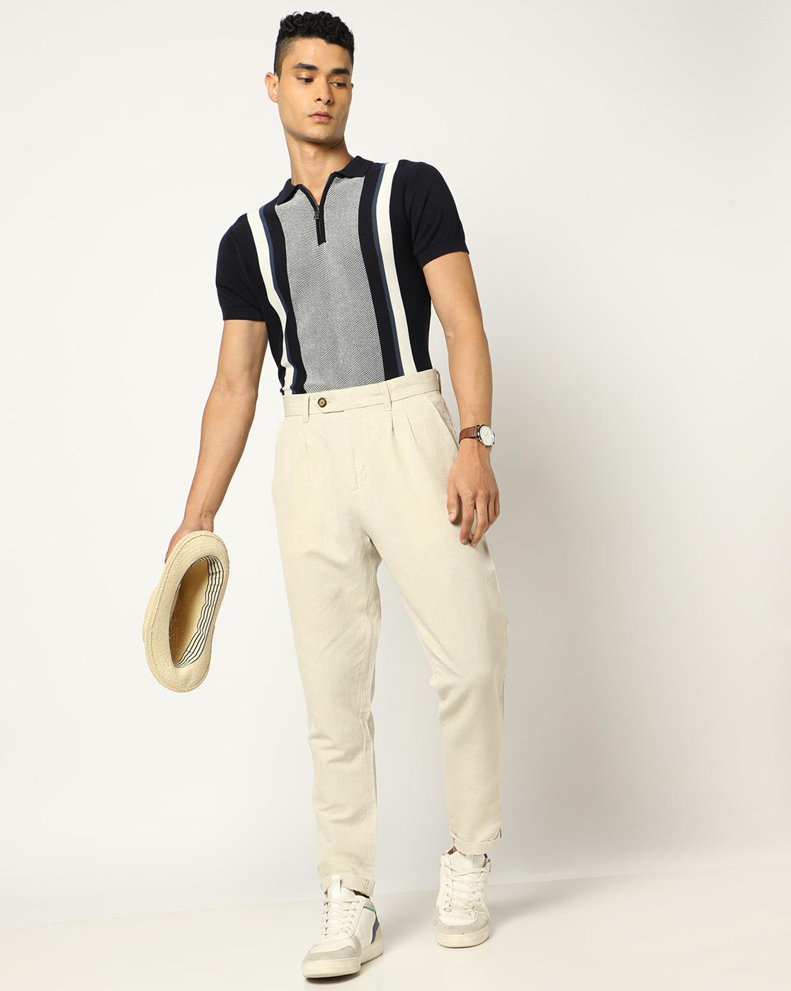 Cotton Linen Pleated Front Slim Fit Solid Beige Trouser