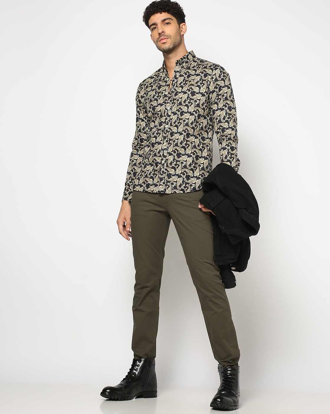 Cotton Stretch Slim Straight Fit 5 Pocket Solid Green Trouser With Coin Pocket Logo Embroidery