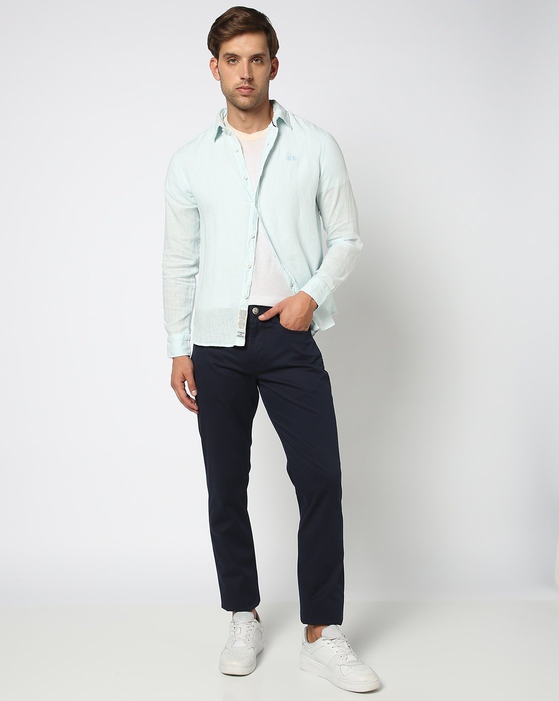 Cotton Stretch Slim Straight Fit 5 Pocket Solid Navy Trouser With Coin Pocket Logo Embroidery