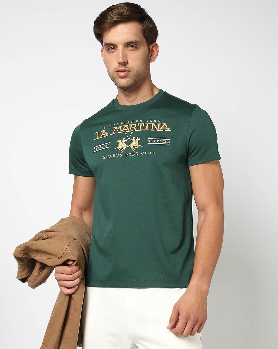 Cotton Mercerised Metallic 3D Gold Embroidery Crew Neck Green T-shirt