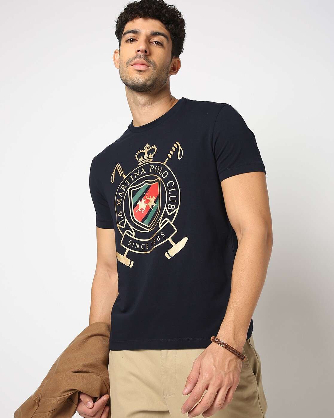Cotton Stretch Slim Fit Gold Metallic Print Crew Neck Navy T-shirt