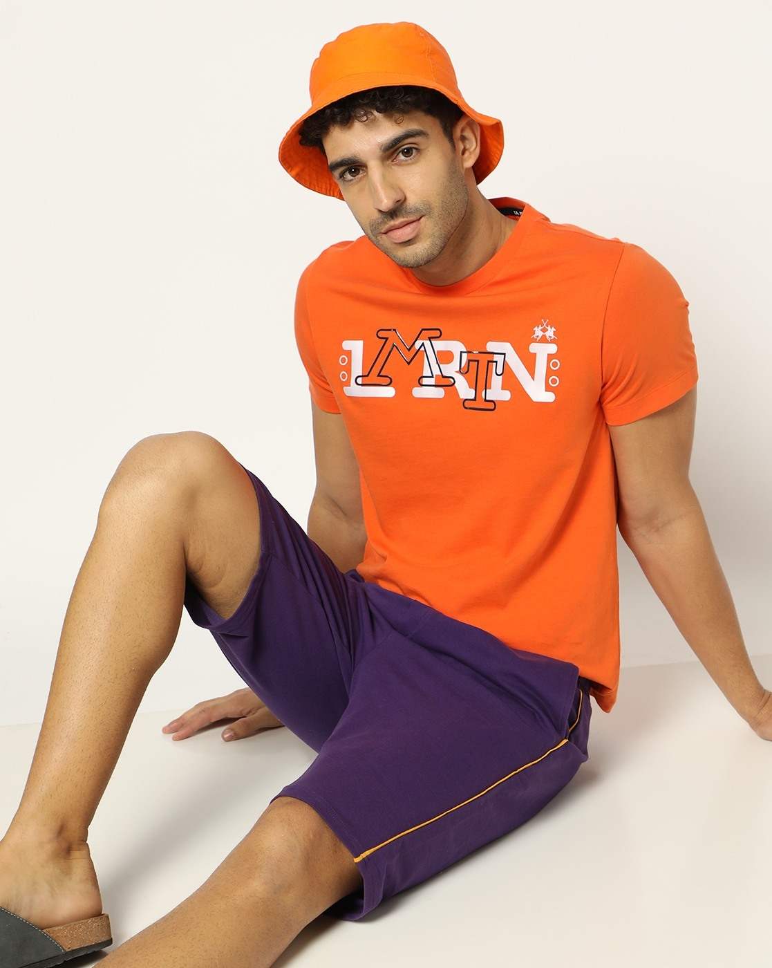 Cotton Slim Fit Textured 3D Print Crew neck Orange T-shirt