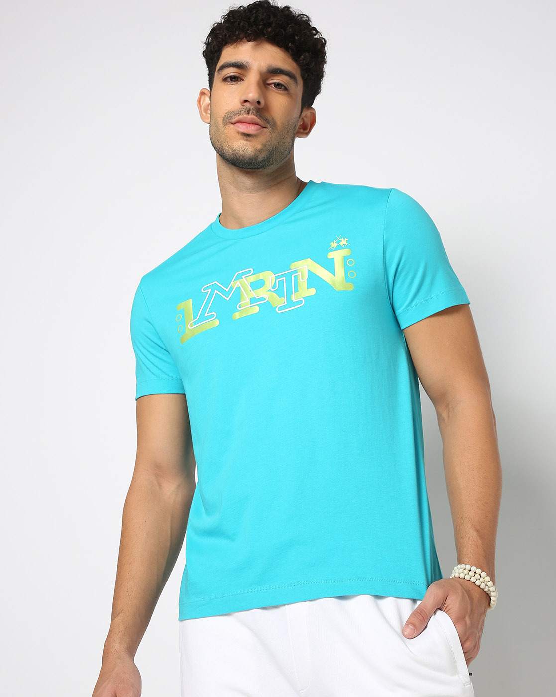 Cotton Slim Fit Textured 3D Print Crew neck Blue T-shirt