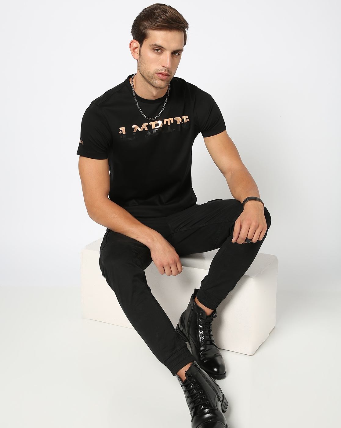 Cotton Mercerised Slim Fit Foil Printed Crew Neck Black T-shirt