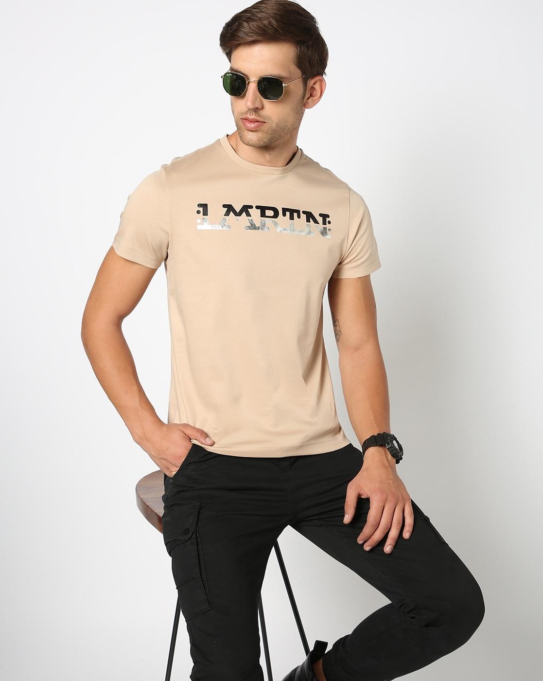 Cotton Mercerised Slim Fit Foil Printed Crew Neck Beige T-shirt