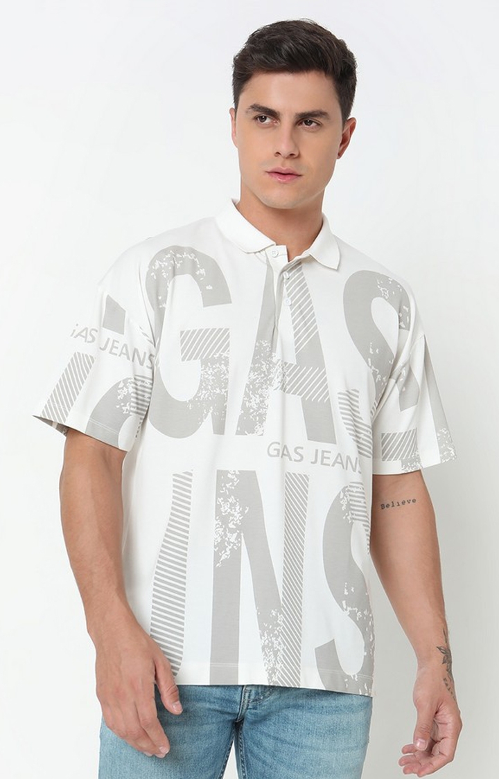 GAS | Boxy Fit Placement Print Polo T-Shirt with Short Sleeve