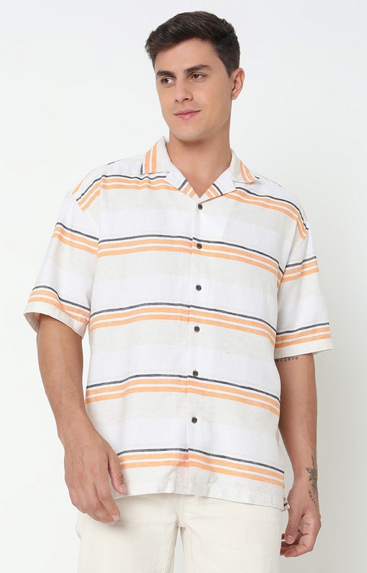 Boxy Fit Striped Short Sleeve Shirt with Resort Collar