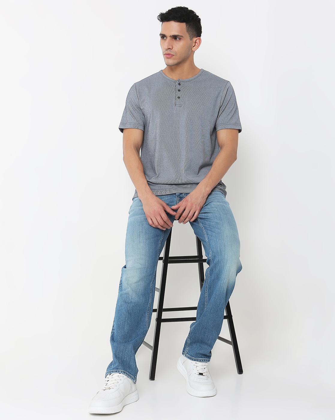 GAS | Regular Fit Solid Henley T-Shirt with Short Sleeve