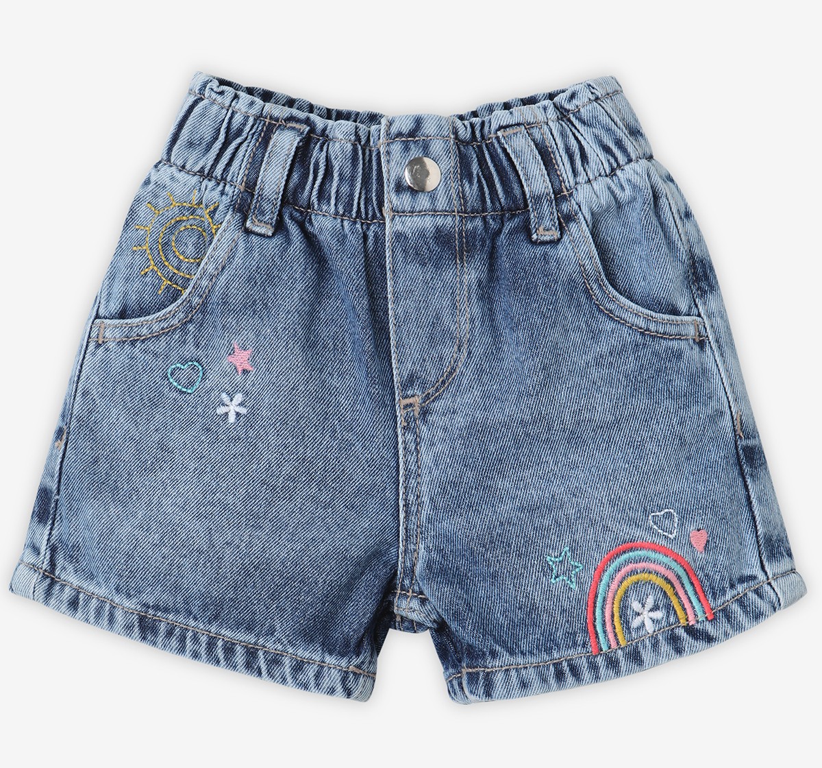 Infant Girls' Embroidered 100% Cotton Shorts - Blue