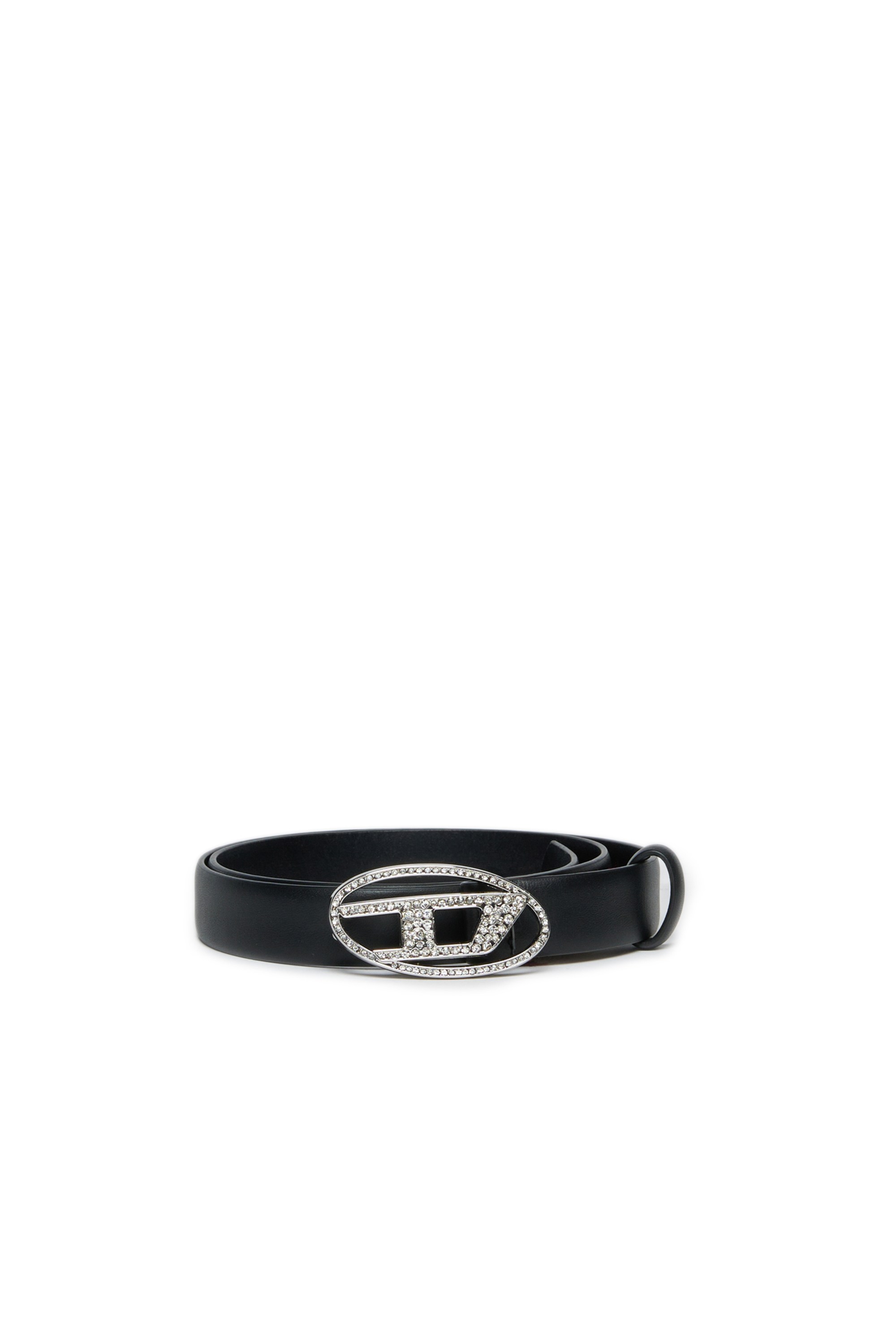Black 2 cm leather belt with jewel buckle