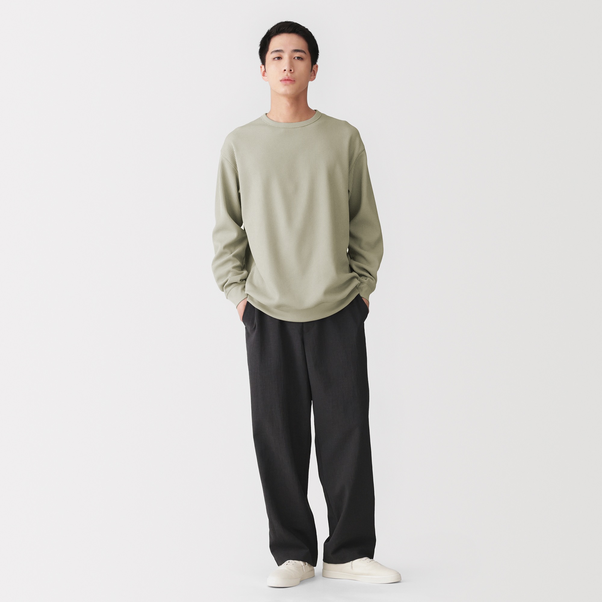 M's CIR waffle crew neck L/Slv T-shirt