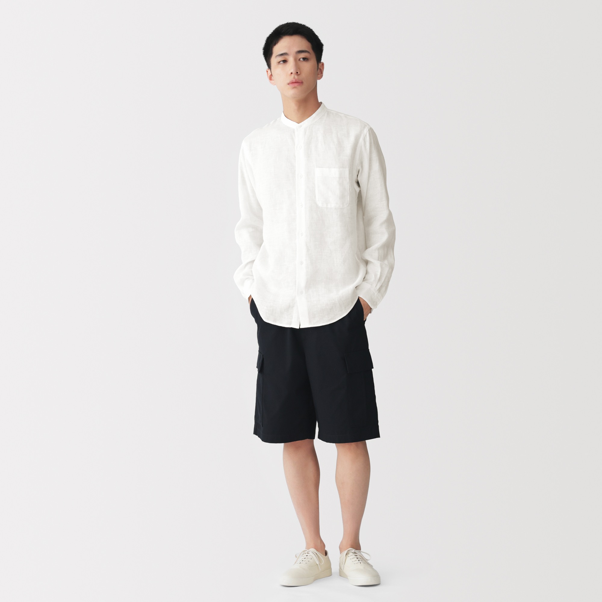 M's Washed linen stand collar L/Slv shirt  (ASEAN)