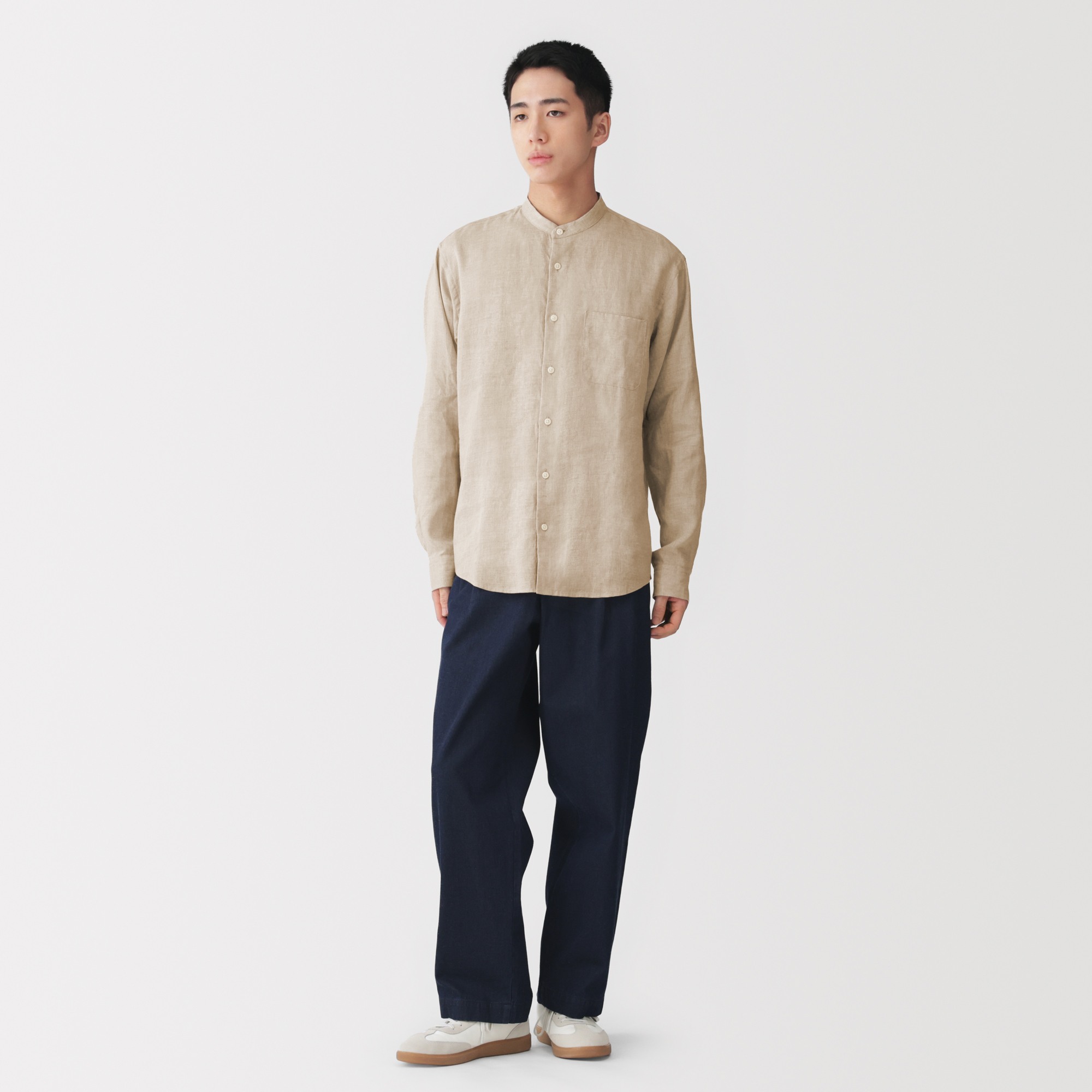 M's Washed linen stand collar L/Slv shirt (ASEAN)
