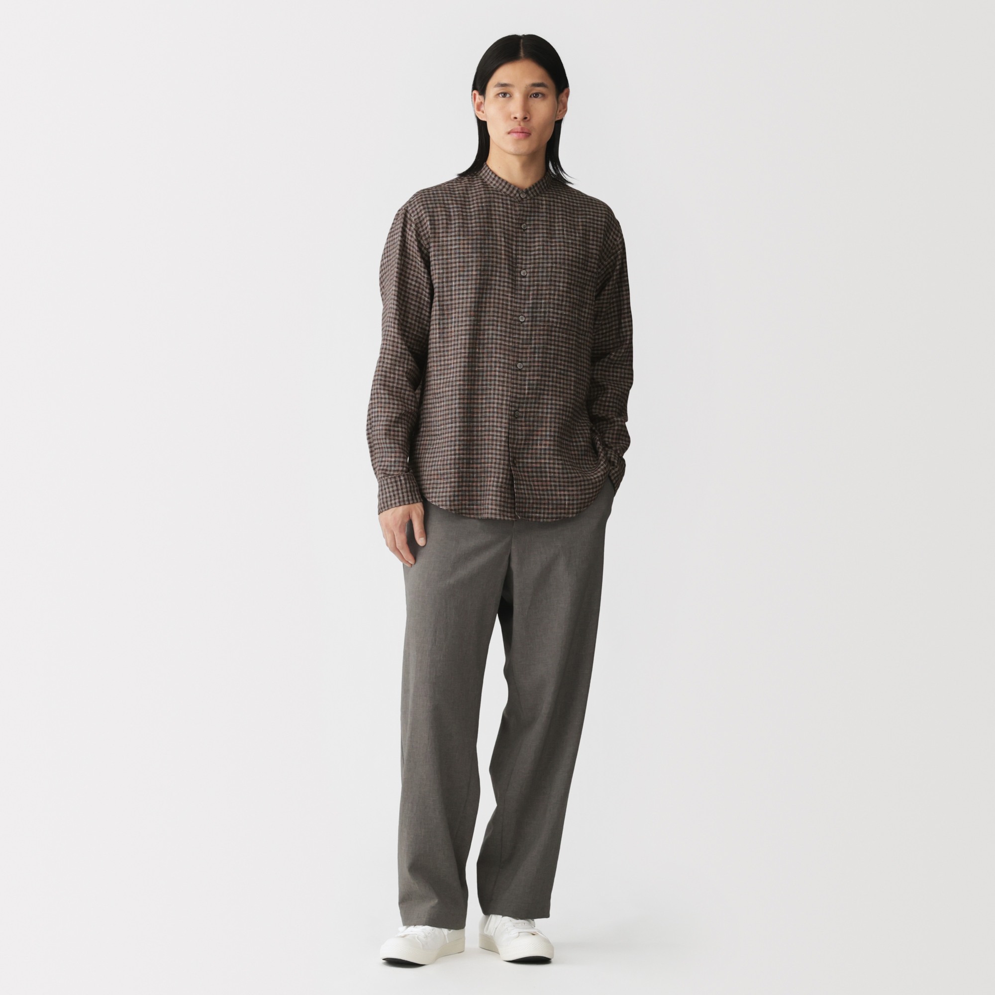 M's Washed linen stand collar L/Slv shirt (ASEAN)