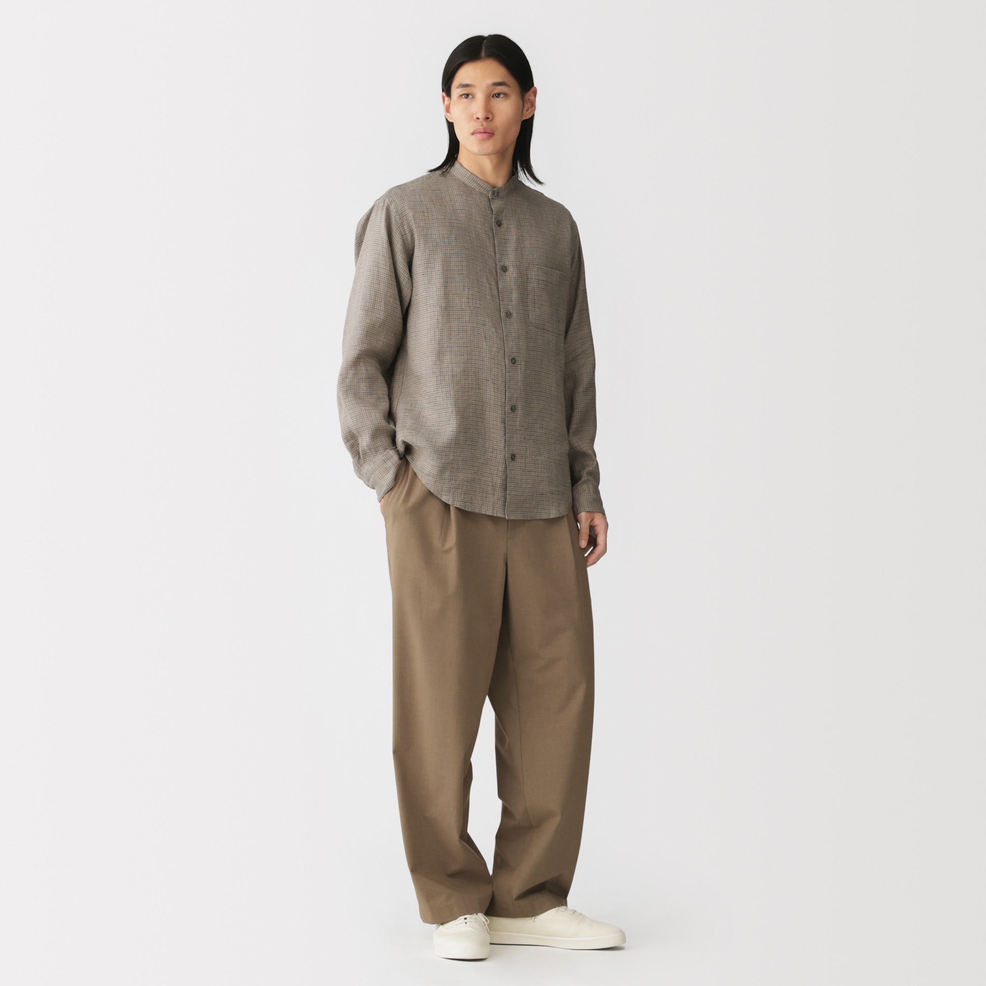 M's Washed linen stand collar L/Slv shirt  (ASEAN)
