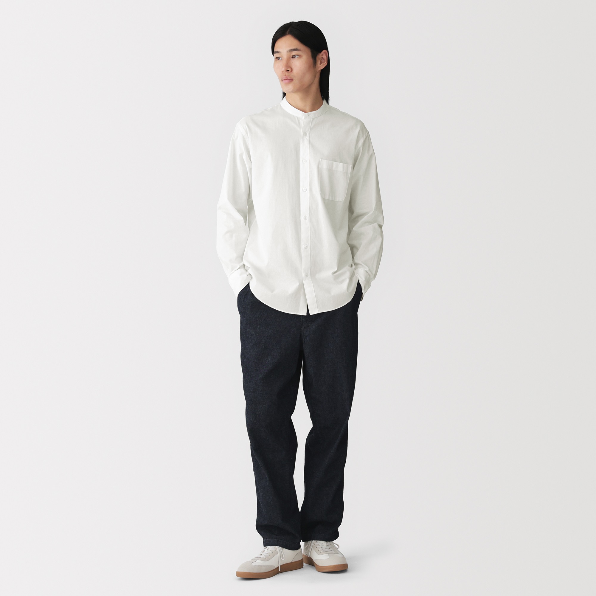 M's washed broadcloth stand collar L/Slv shirt