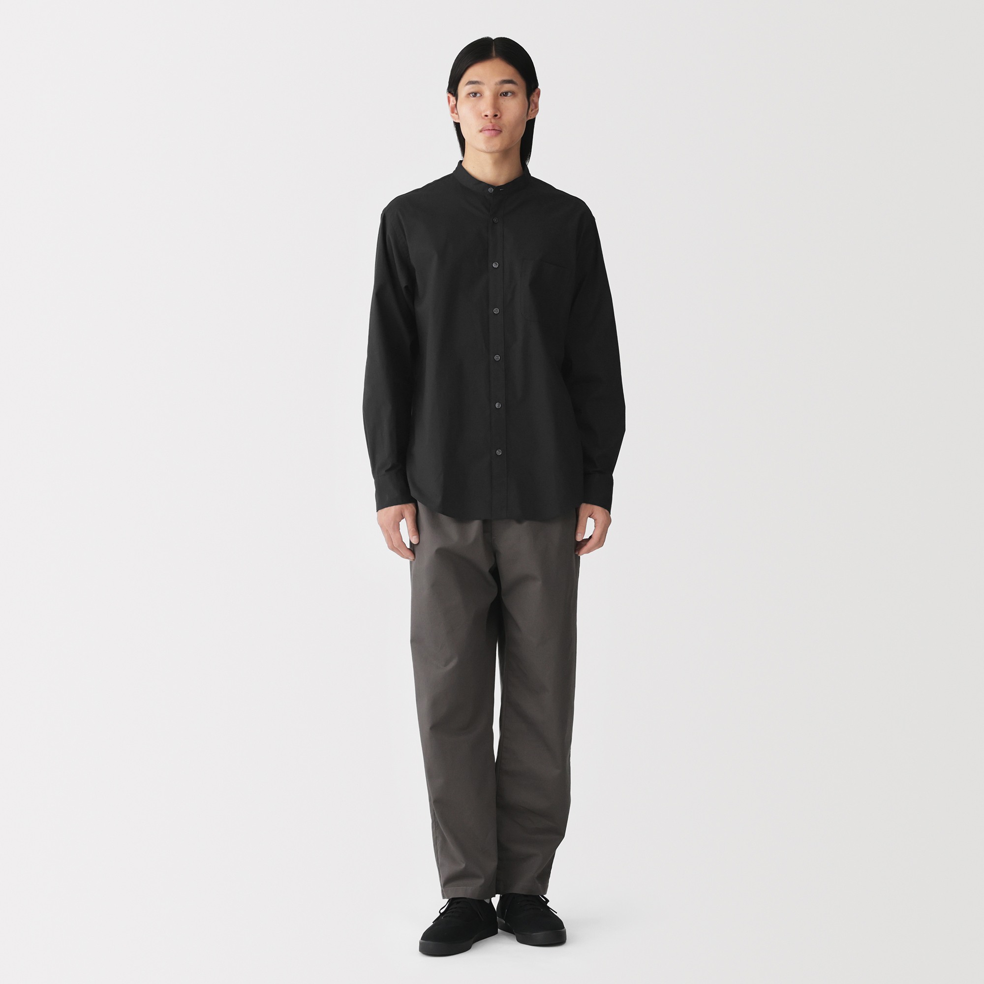 M's washed broadcloth stand collar L/Slv shirt