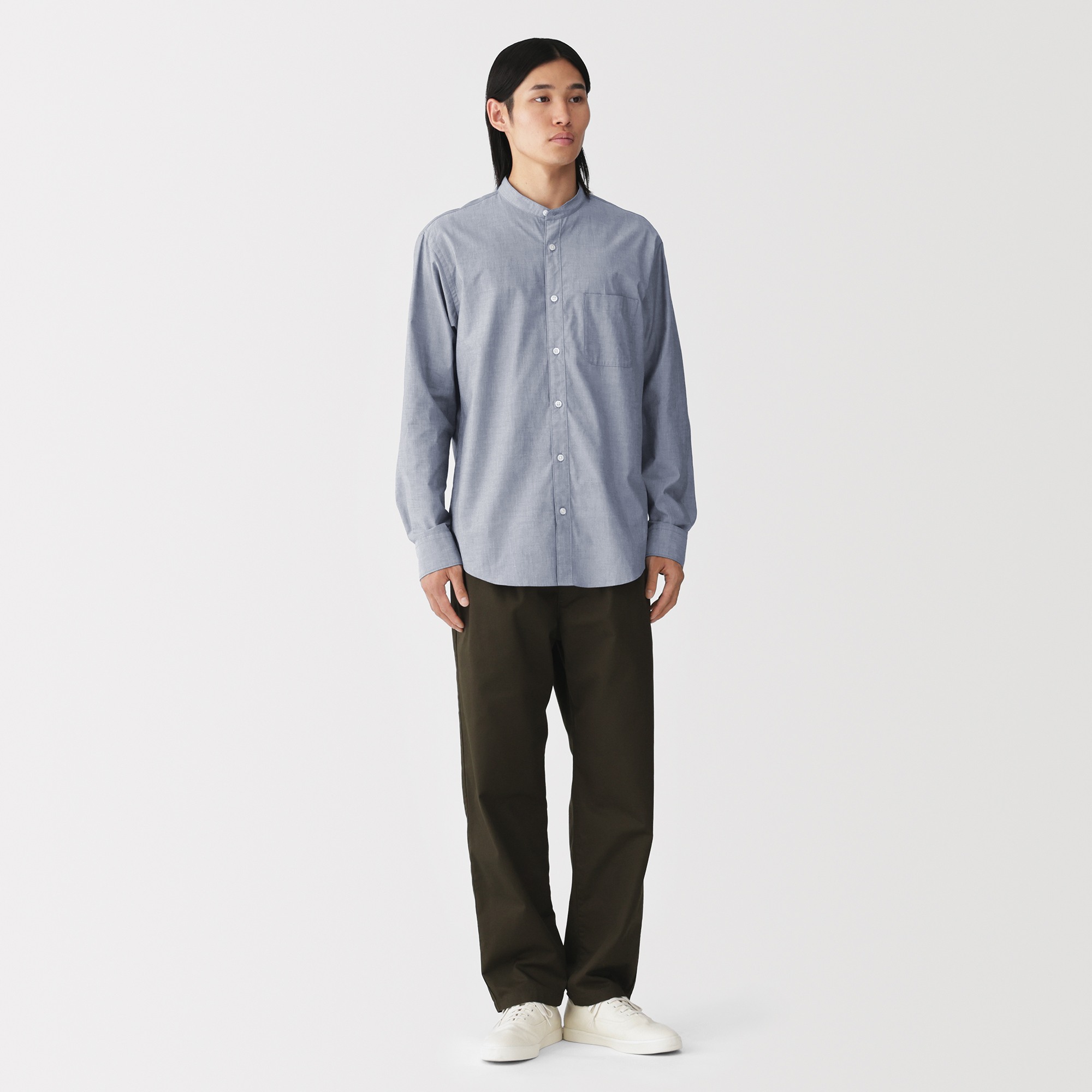 M's washed broadcloth stand collar L/Slv shirt