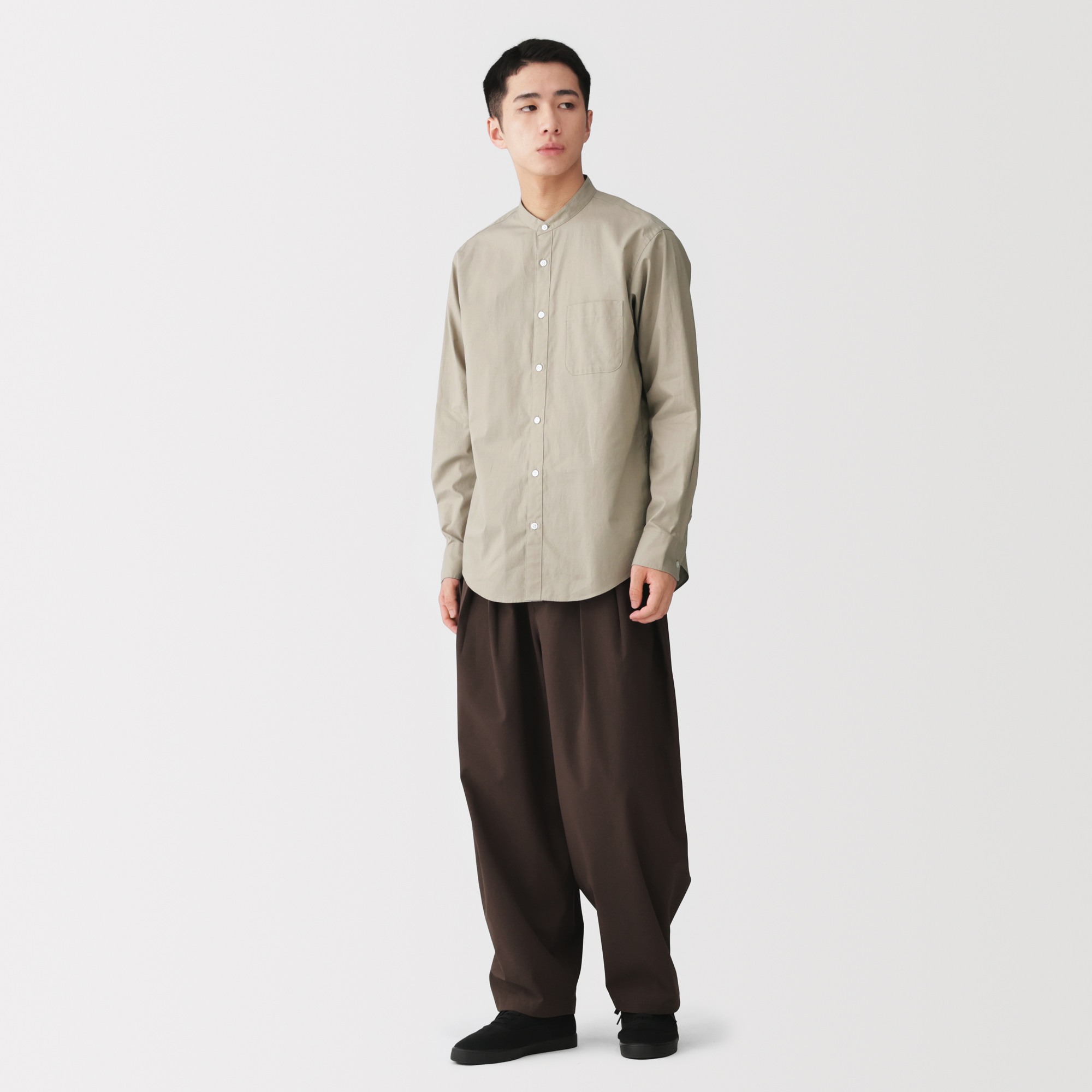 M's washed broadcloth stand collar L/Slv shirt