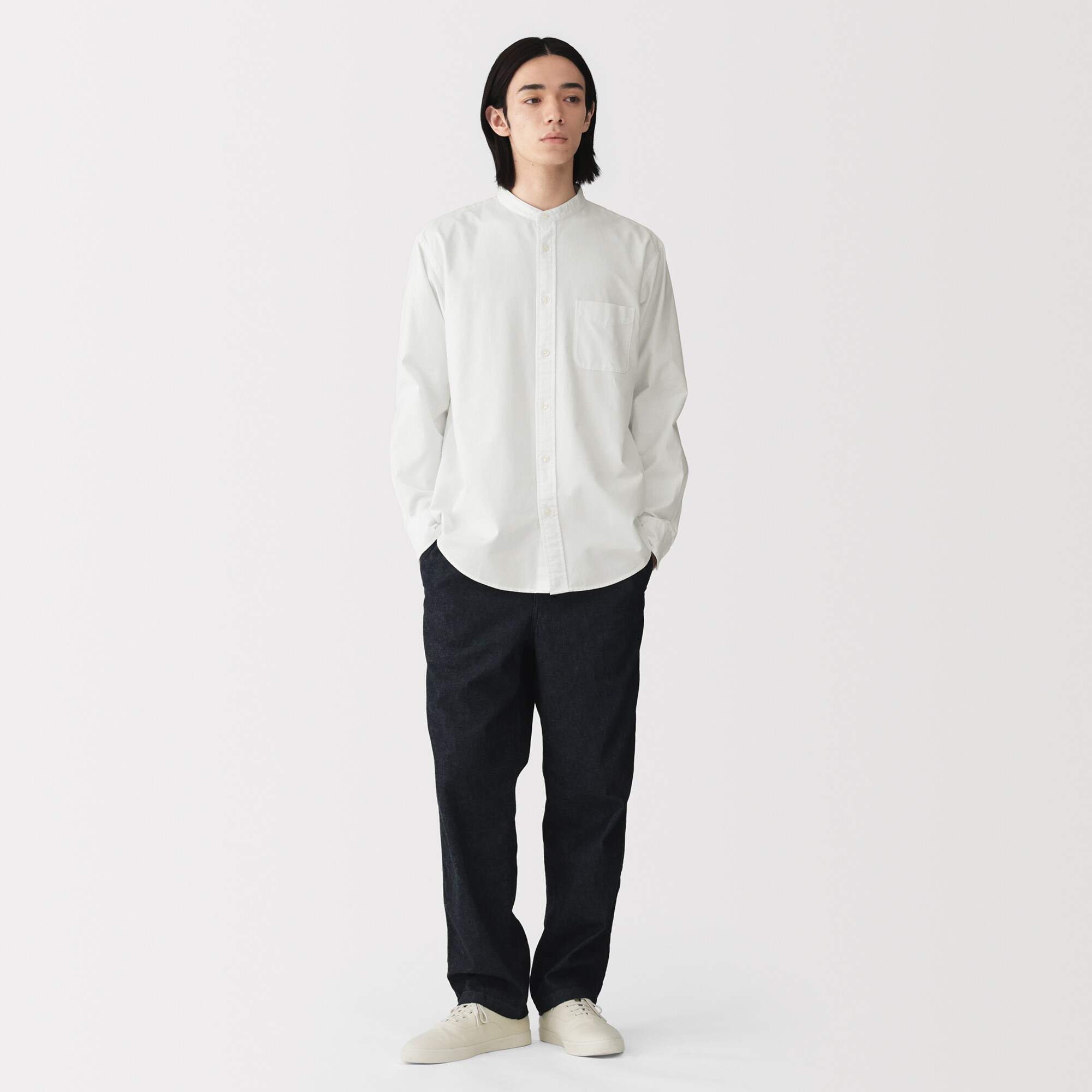 M's Washed oxford stand collar L/Slv shirt (OS)