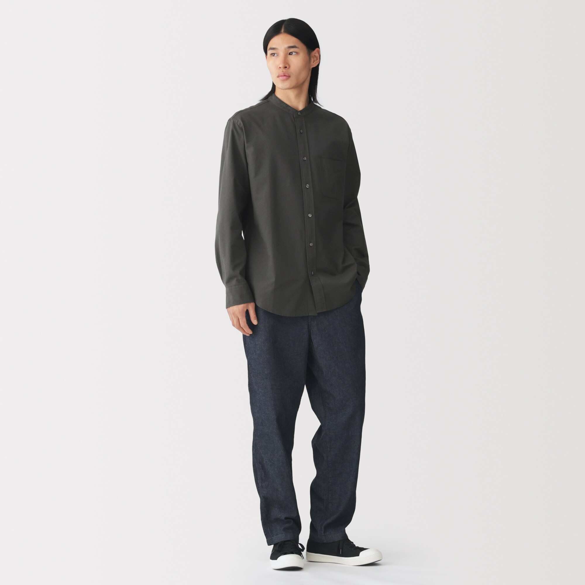 M's Washed oxford stand collar L/Slv shirt (OS)