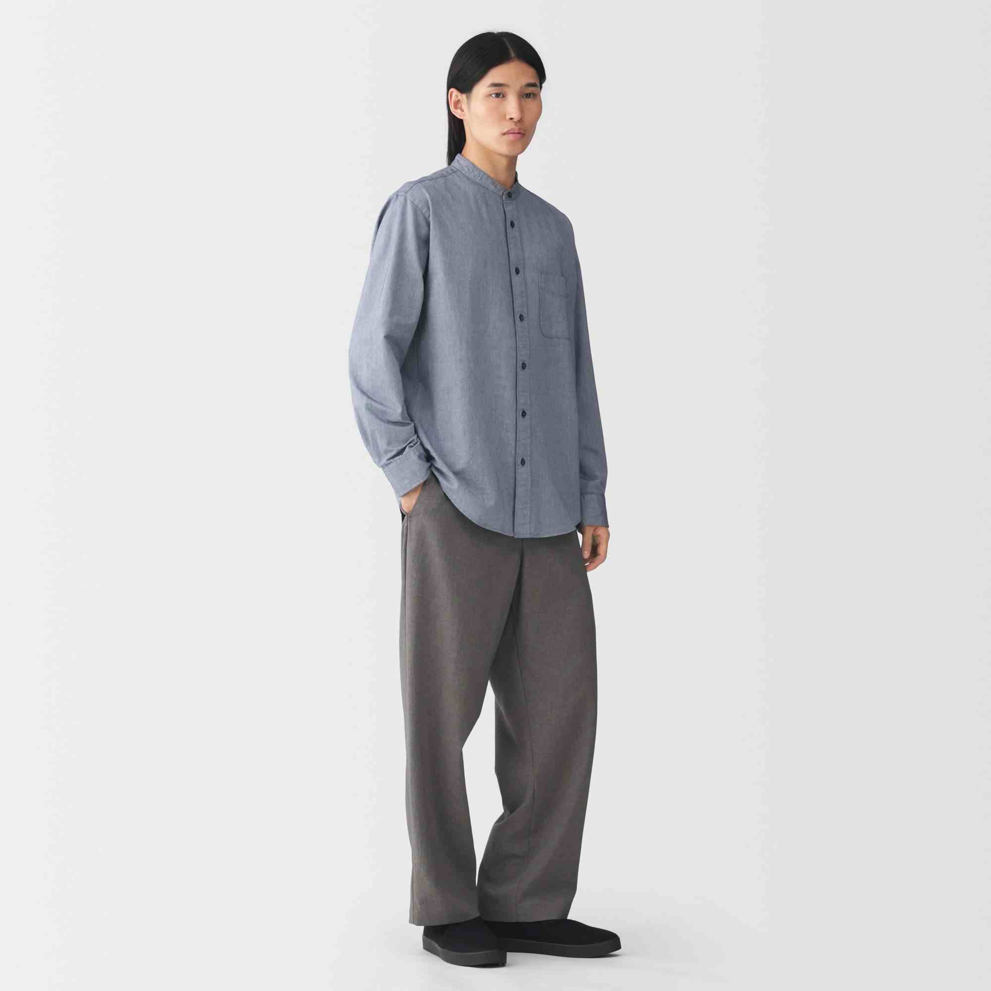 M's Washed oxford stand collar L/Slv shirt (OS)