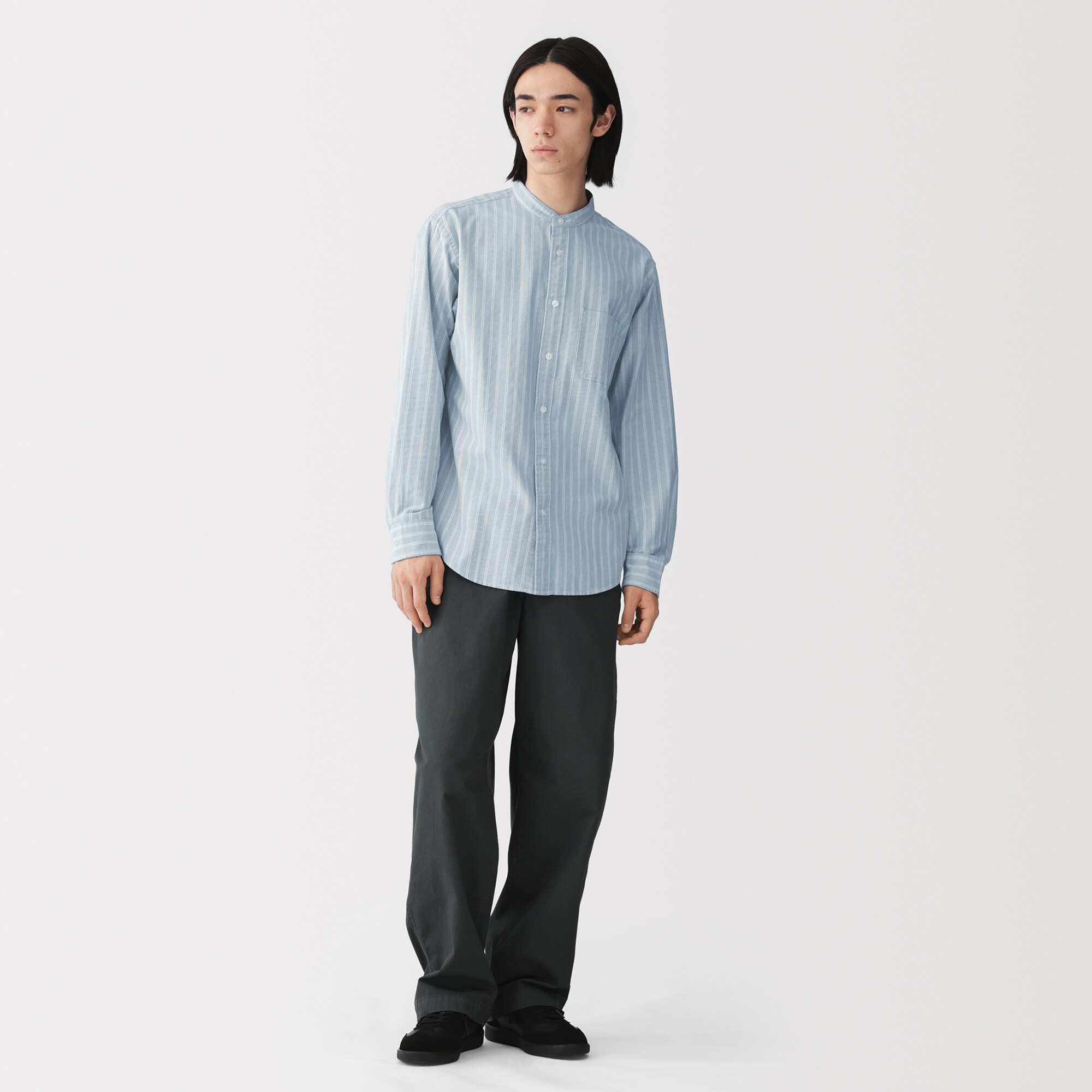 M's Washed oxford stand collar L/Slv shirt (OS)