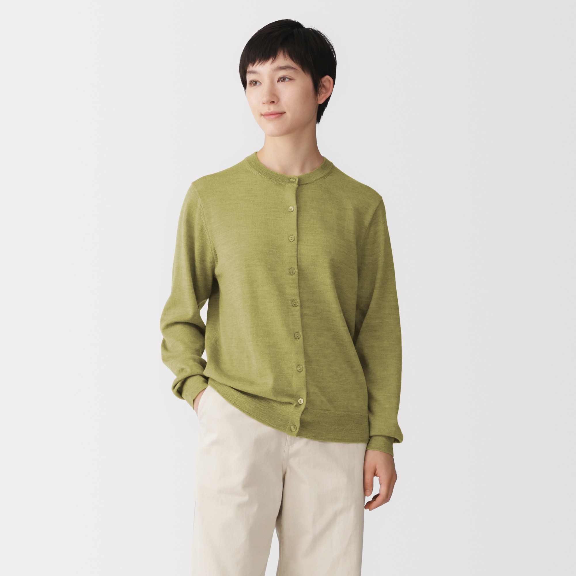 W's Washable high-gauge crew neck cardigan