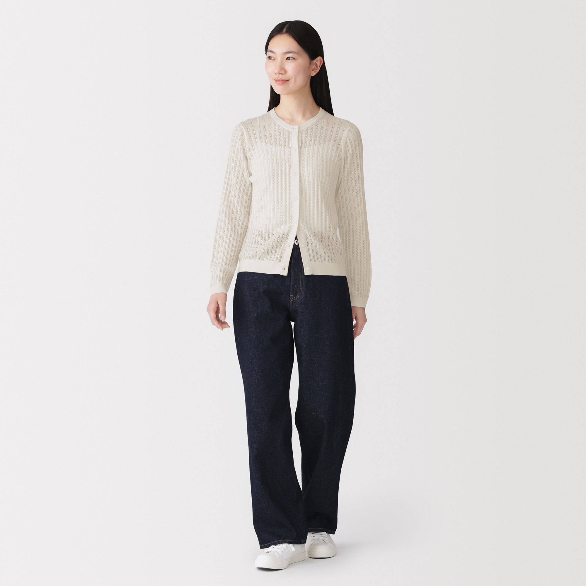 W's Lyocell blended openwork crew neck cardigan