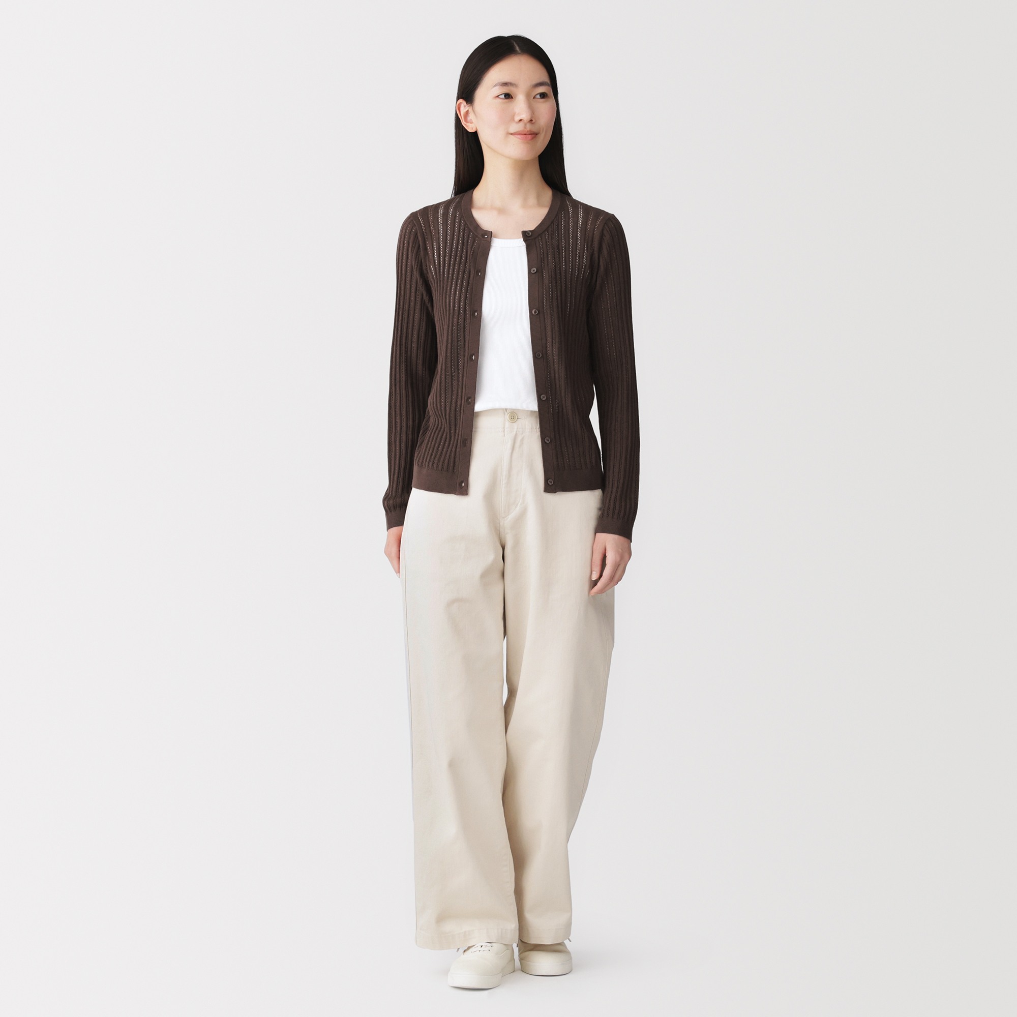 W's Lyocell blended openwork crew neck cardigan