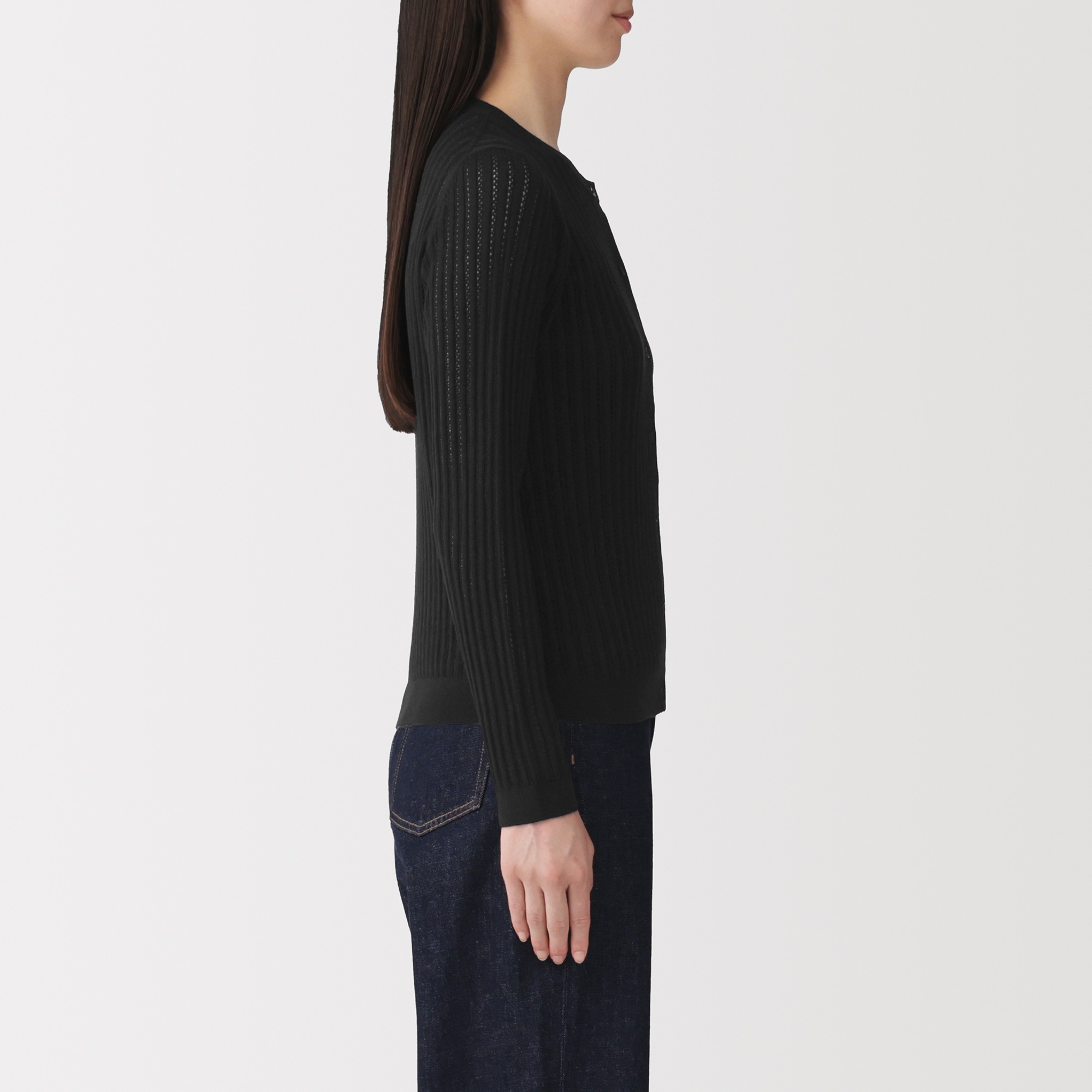 W's Lyocell blended openwork crew neck cardigan