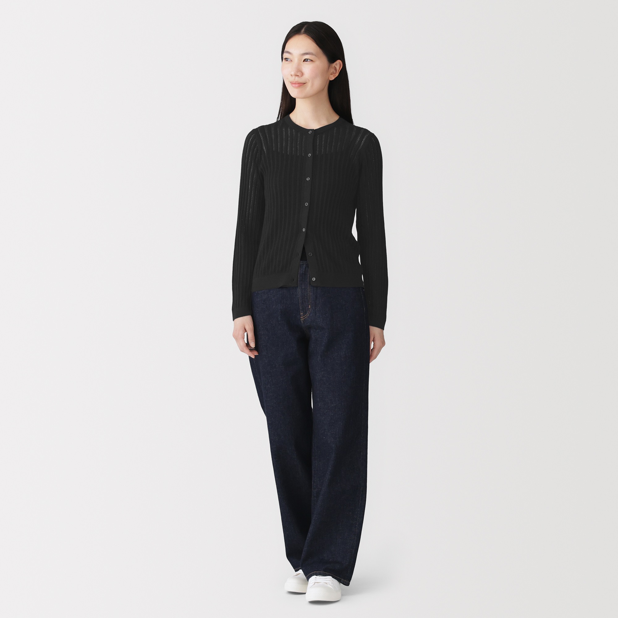 W's Lyocell blended openwork crew neck cardigan